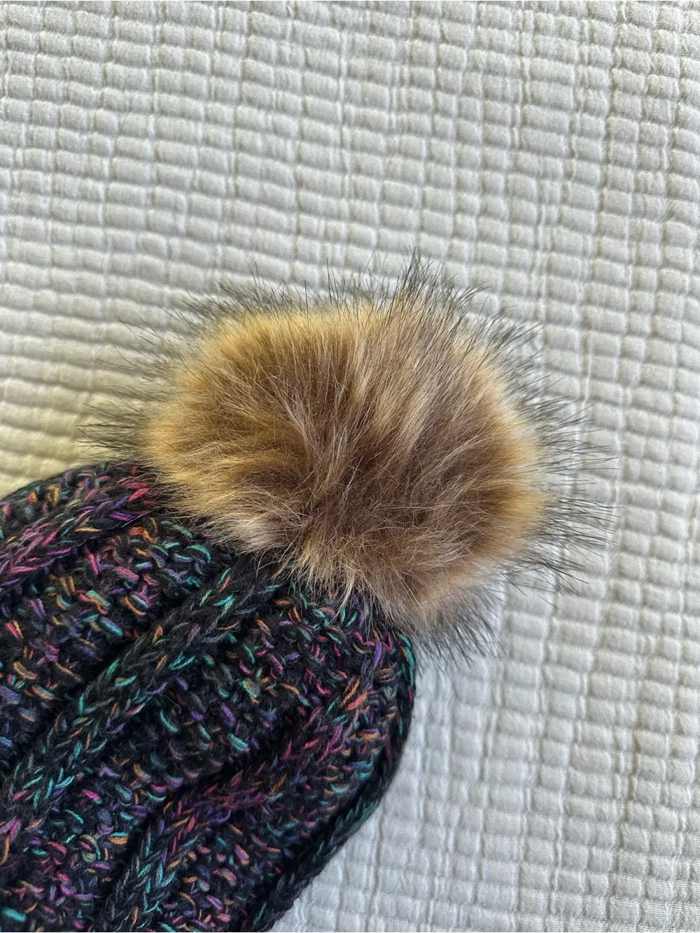 CC Fleece-Lined Warm Cozy Black Multicolor Cable Knit Pom Beanie